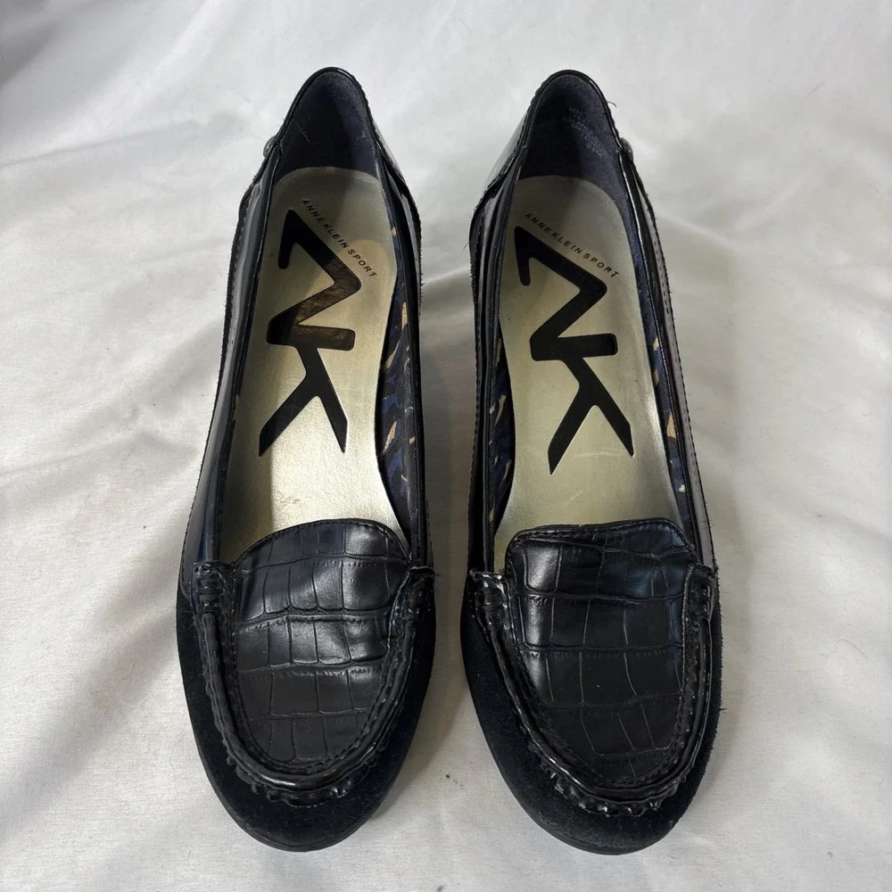Anne Klein AKfadila Black Wedge Loafers 8.5 M Croc-Embossed Vamp 90s Preppy Shoe